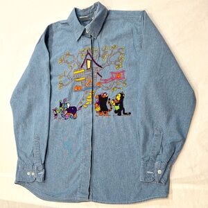 Vintage Disney Halloween Denim Woman's Shirt Sz M Winnie the Pooh and Friends